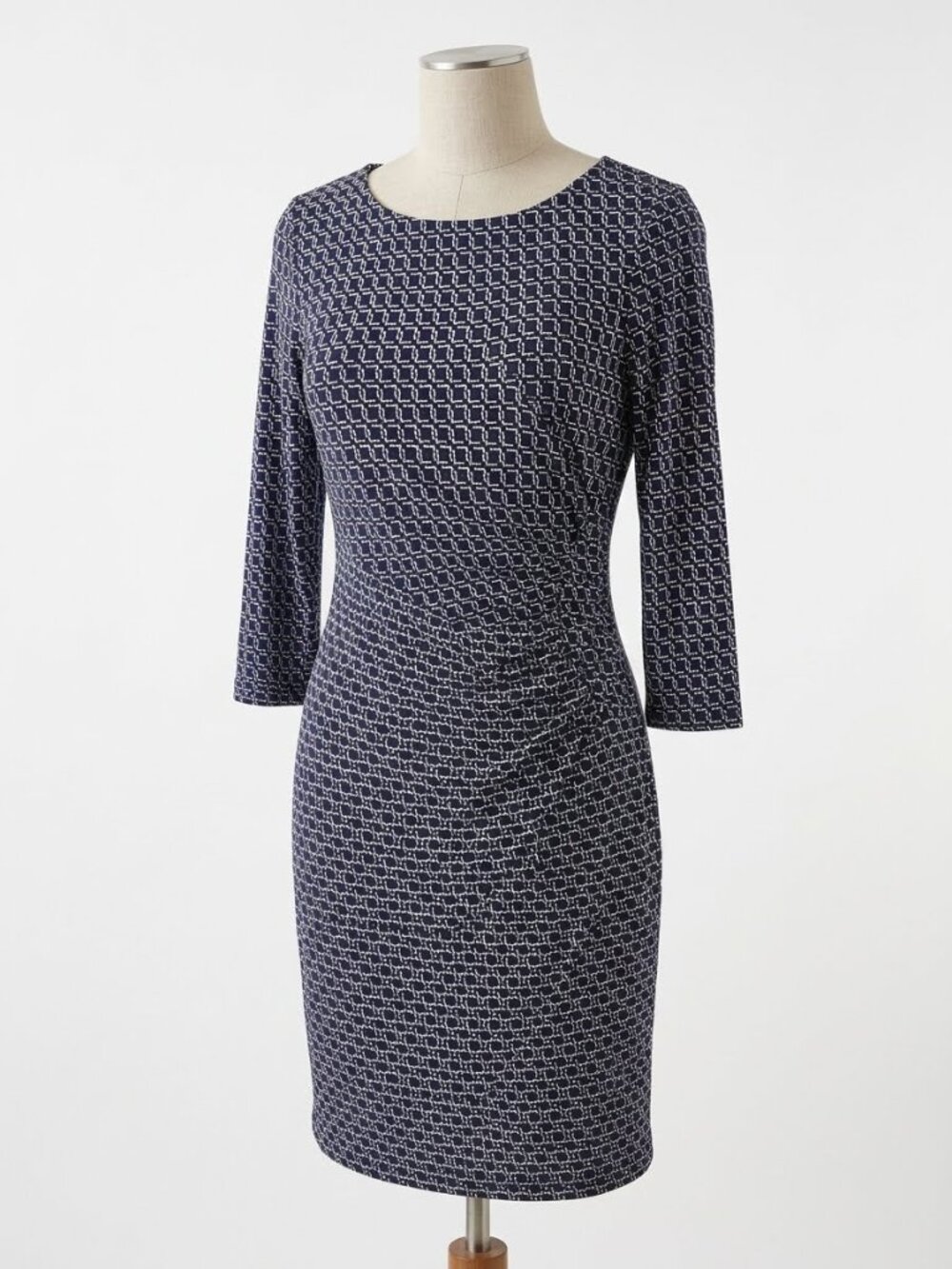 Eliza J 3/4 Sleeve Lined Side Ruched‎ Dress Navy/White Size 8